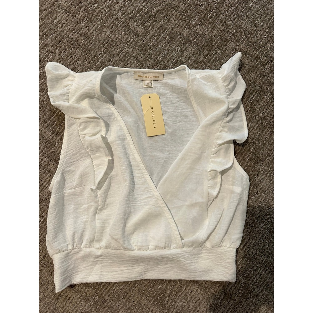 Monteau Los Angeles White Ruffle Surplice Crop Top Smocked Back Women Medium NWT
